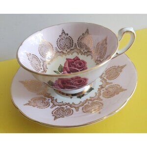 VINTAGE Paragon Bone China Wde Mouth Cup & Saucer Set Cabbage Rose Gold Florals